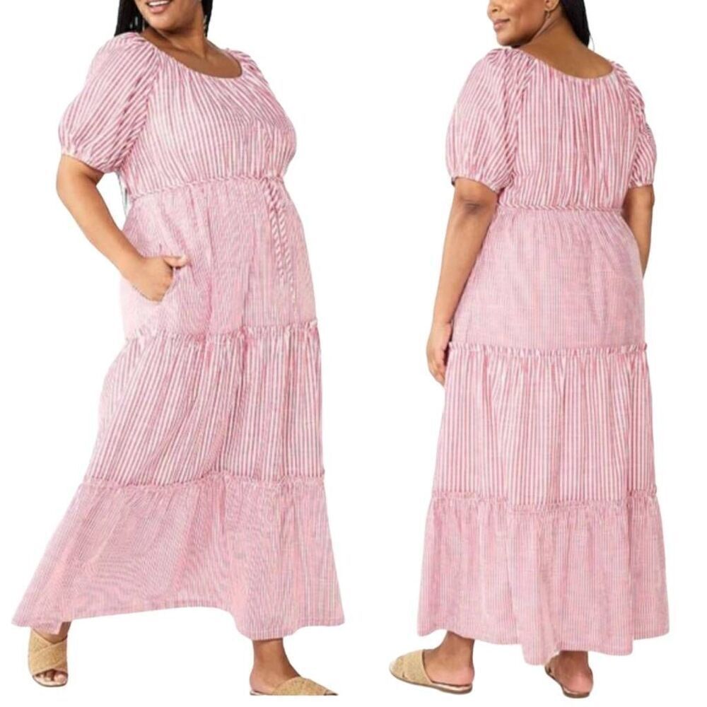 Draper James Off Shoulder Short Sleeve Striped Prairie Tiered Maxi Dress Size XX